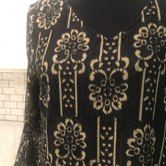 Calessa Shirt Womens Large Black Beige Lace Tunic V Neck Lined Bohemian Western - Picture 2 of 9